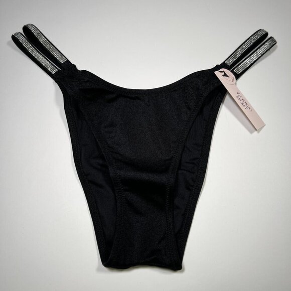 Victoria Secret XL Cheeky Brazilian Bikini Bottom Double Shine Strap Black - Picture 2 of 5